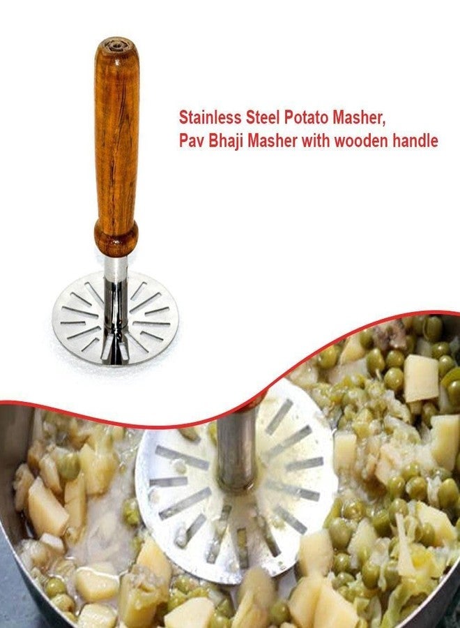 LSARI Stainless Steel Potato Pav Bhaji Masher with Wooden Handle Kitchen,Silver & Wooden Pack of 1 - Image 2